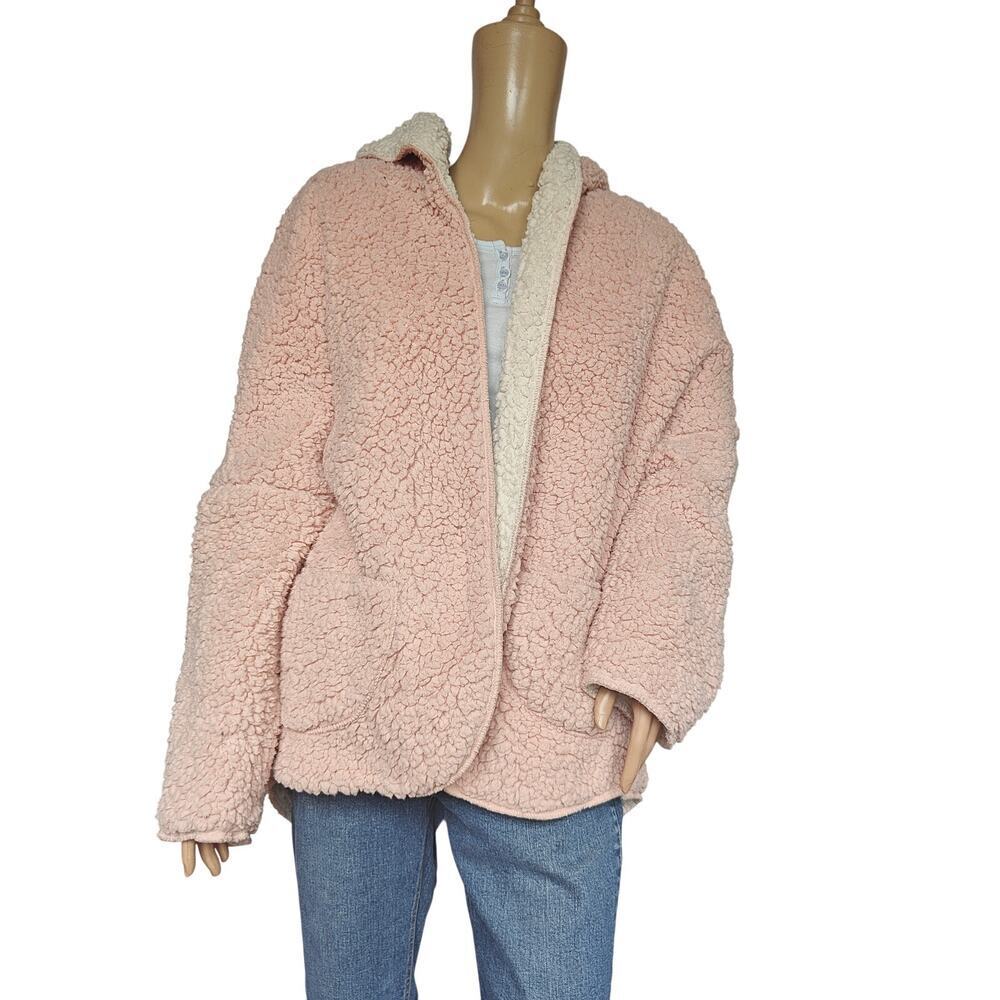 Me Jane Reversible Teddy Coat XL – Blush Pink/Cream, Cozy Faux-Fur with Hood